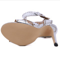 New designer sparkle stock heels shoes silver color shiny metal pu hollow out buckle perf buckle high heel women sandals